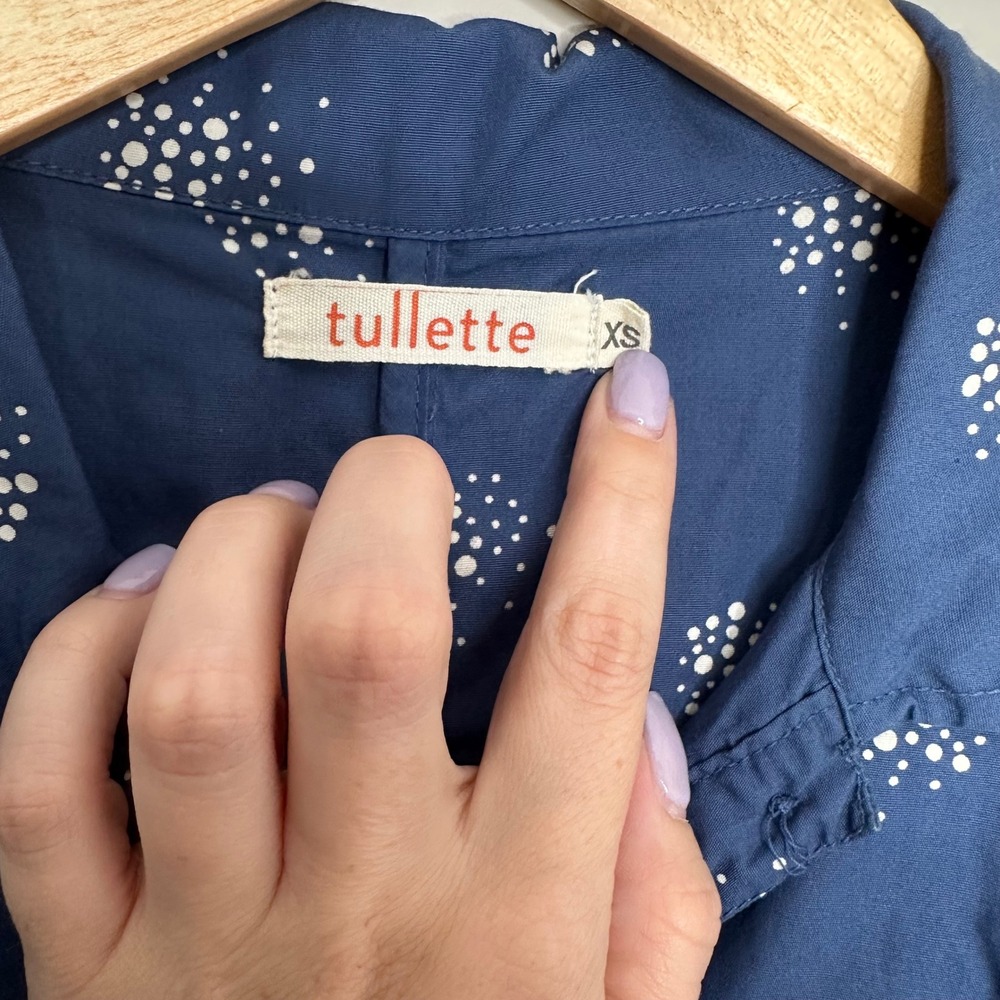 Tullette Women's XS Blue White Dot Print‎ Short Sleeve Button Down Belted Dress - Picture 3 of 10